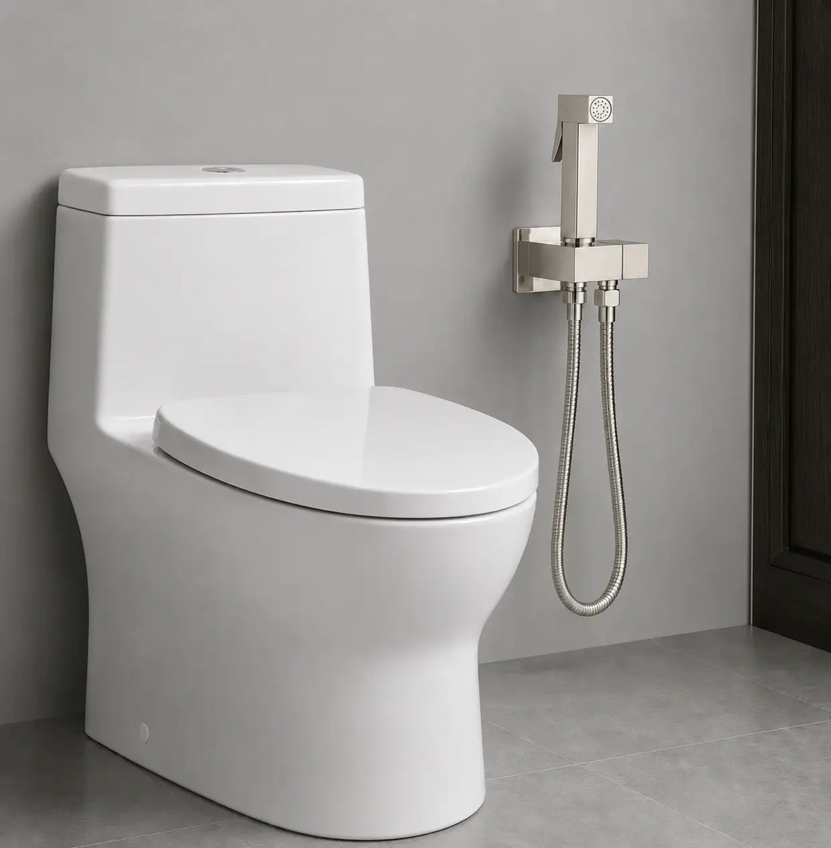Douchette WC sanitaire gris brossé installée à côté d’un toilette, avec support mural intégré et flexible inox.