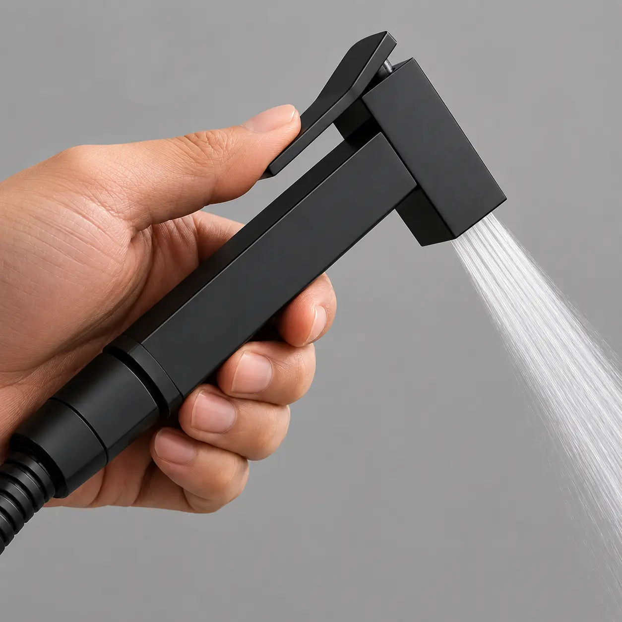 Douchette WC noir mat en fonctionnement avec gâchette ergonomique, jet précis et prise en main confortable. Image