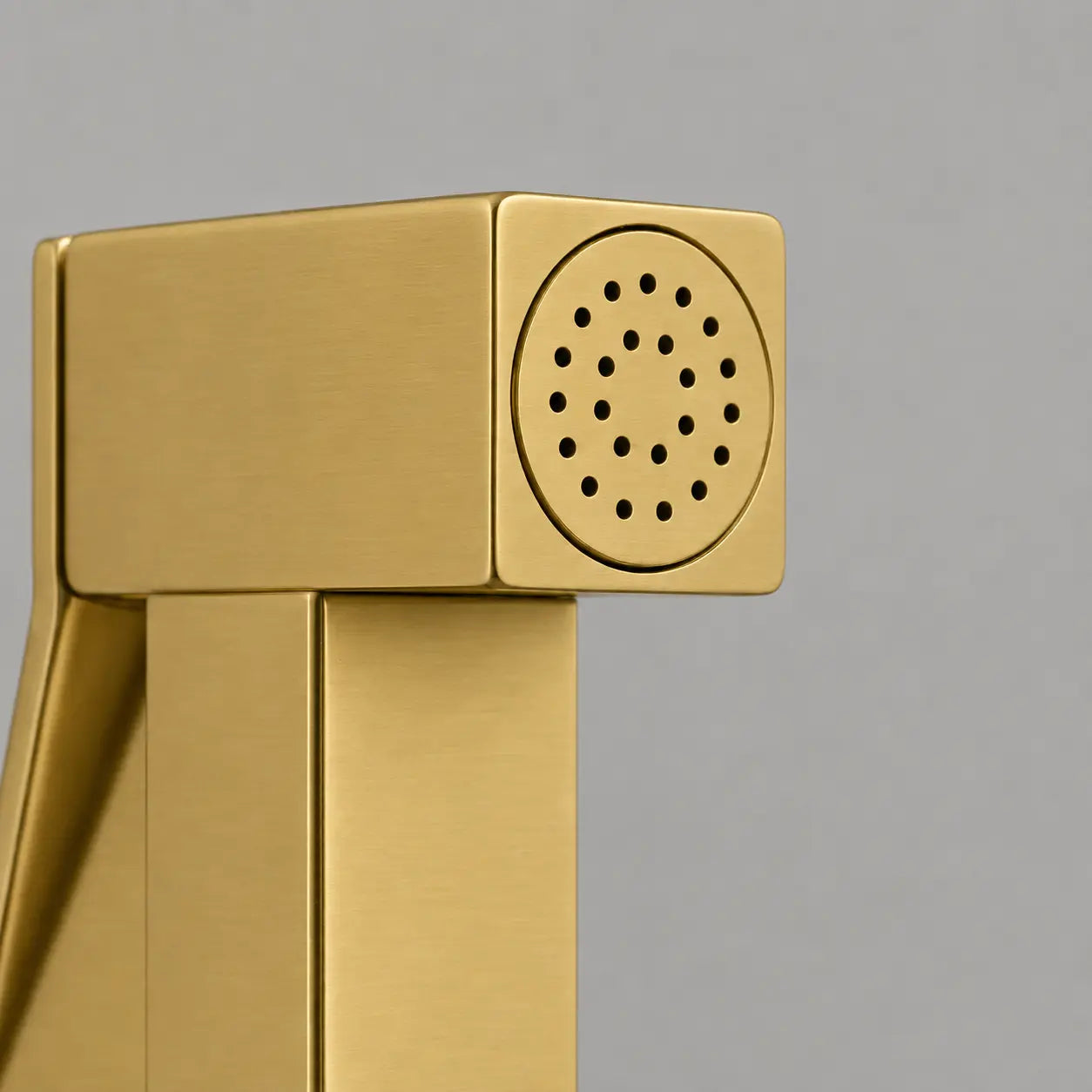 Gros plan sur la tête de douchette WC dorée en finition or brossé, avec buses de pulvérisation et design moderne. Image