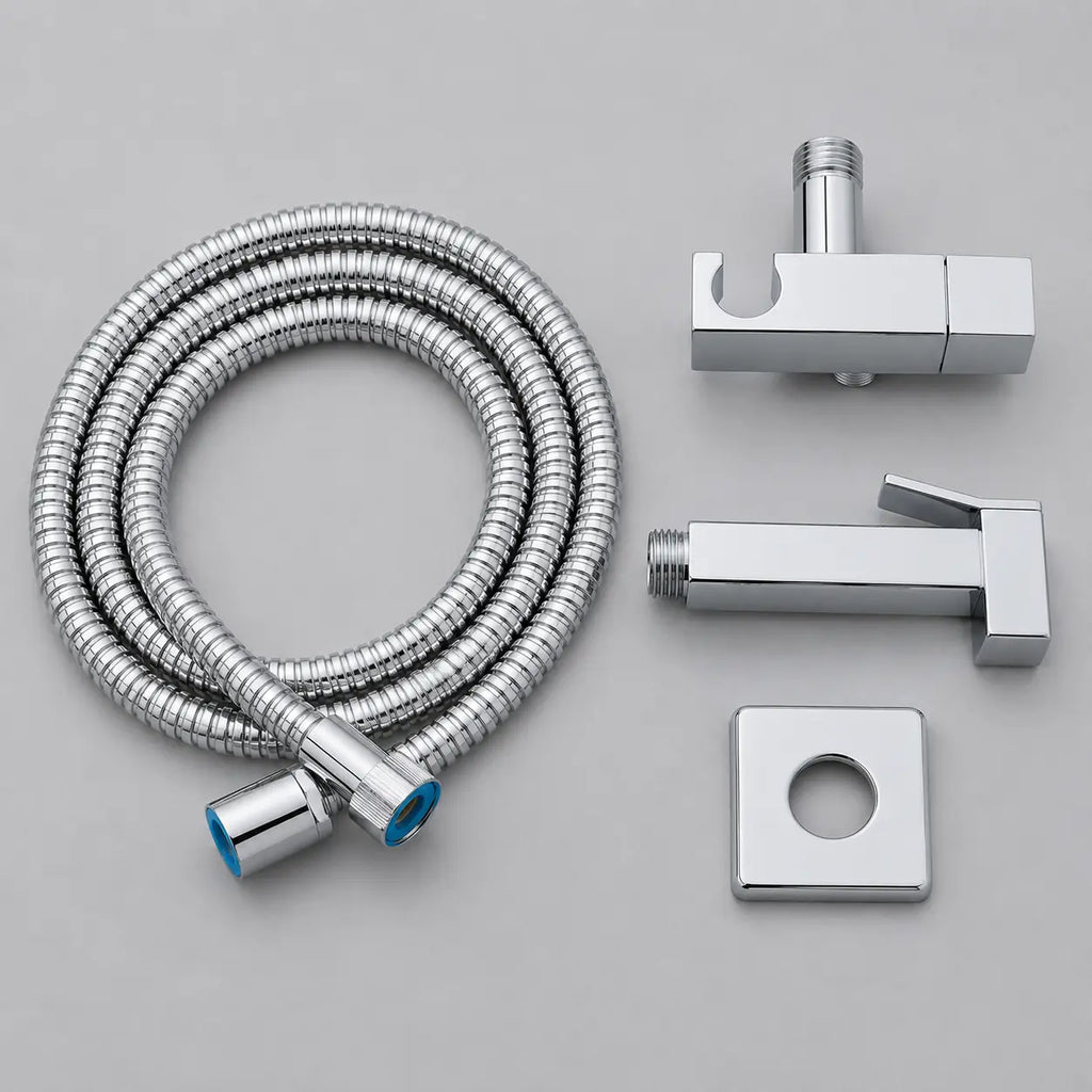 Kit douchette WC chromé avec flexible inox, support mural carré et douchette hygiénique moderne.