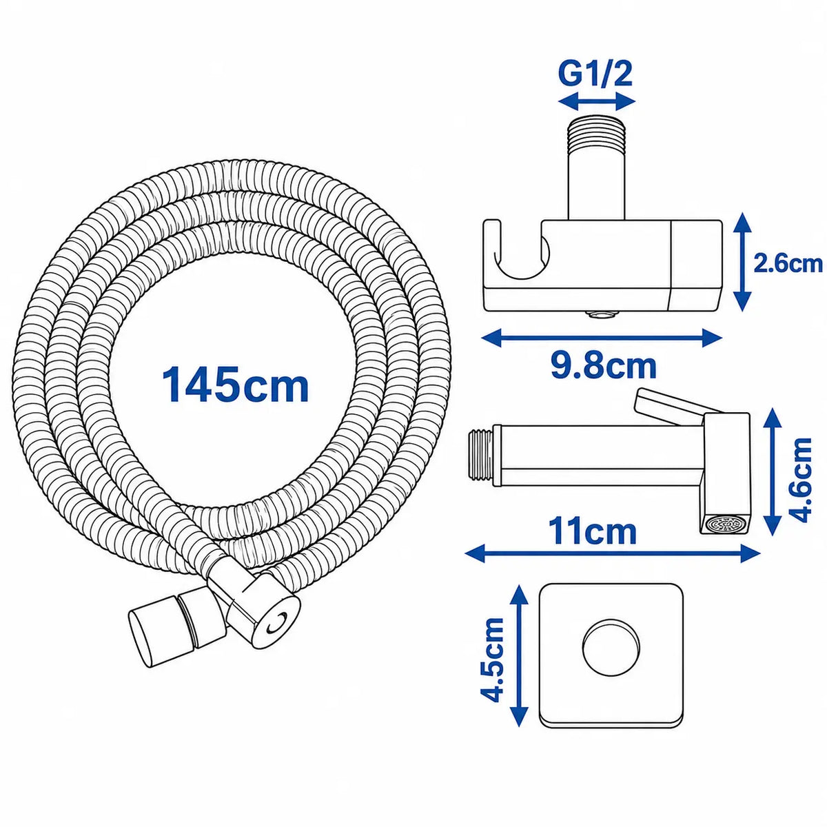  Schéma dimensions douchette WC avec flexible inox 145 cm, support mural et raccord standard G1/2.