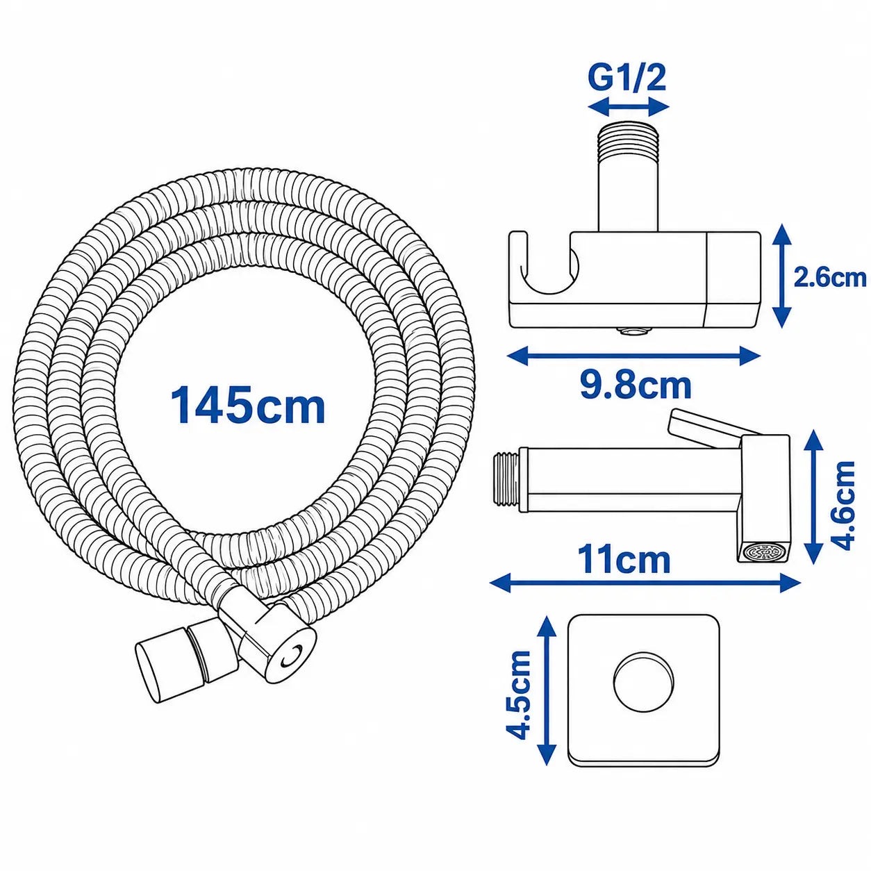  Schéma dimensions douchette WC avec flexible inox 145 cm, support mural et raccord standard G1/2. Image