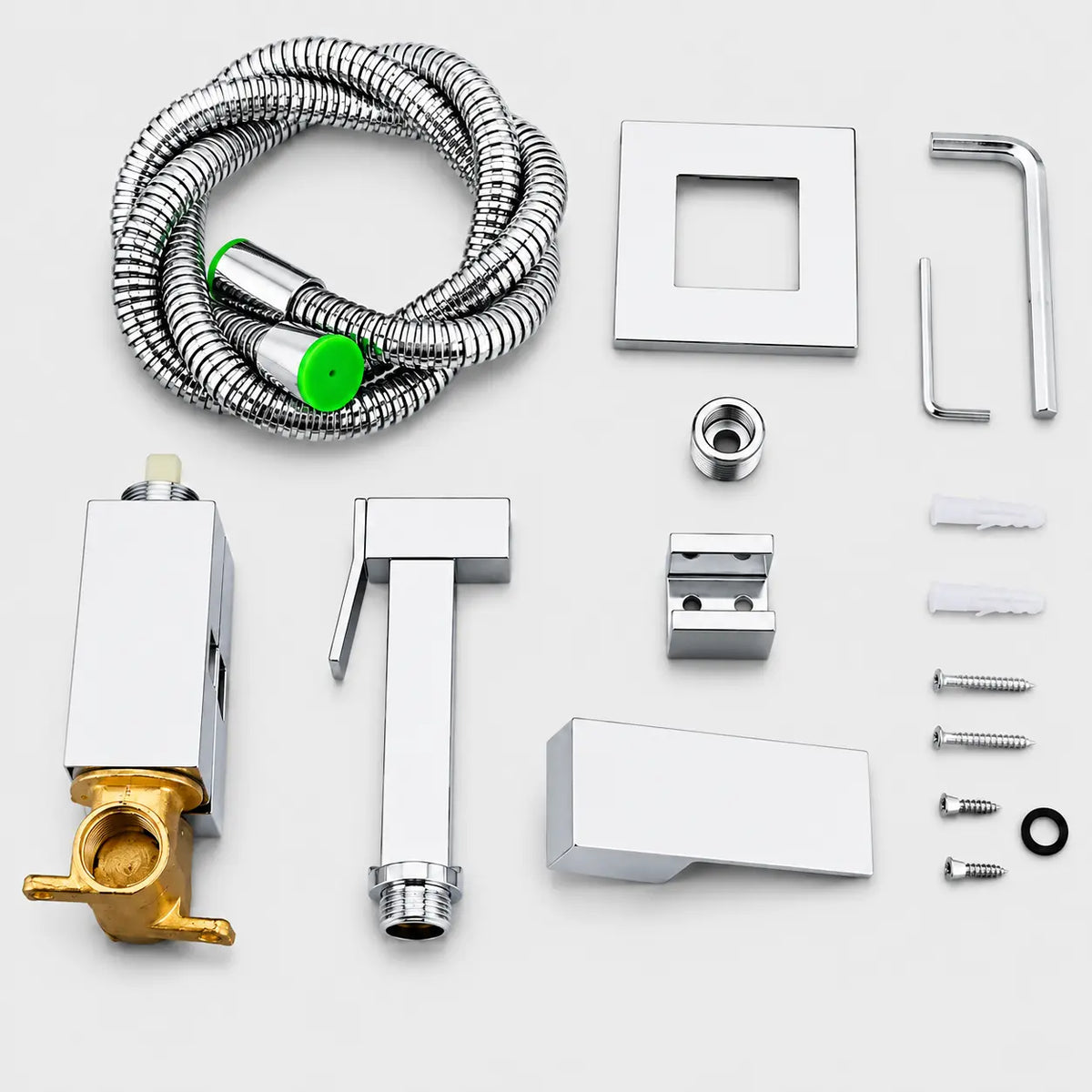 Kit douchette WC hygiénique chromé avec flexible inox, support mural, robinet d’arrêt et accessoires de fixation.