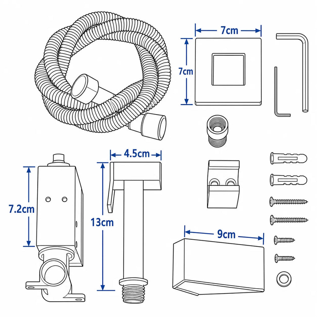 Schéma coté d’un kit douchette WC hygiénique chromé avec flexible, support mural et dimensions des composants.