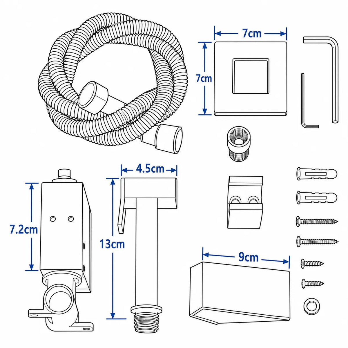 Schéma coté d’un kit douchette WC hygiénique chromé avec flexible, support mural et dimensions des composants.