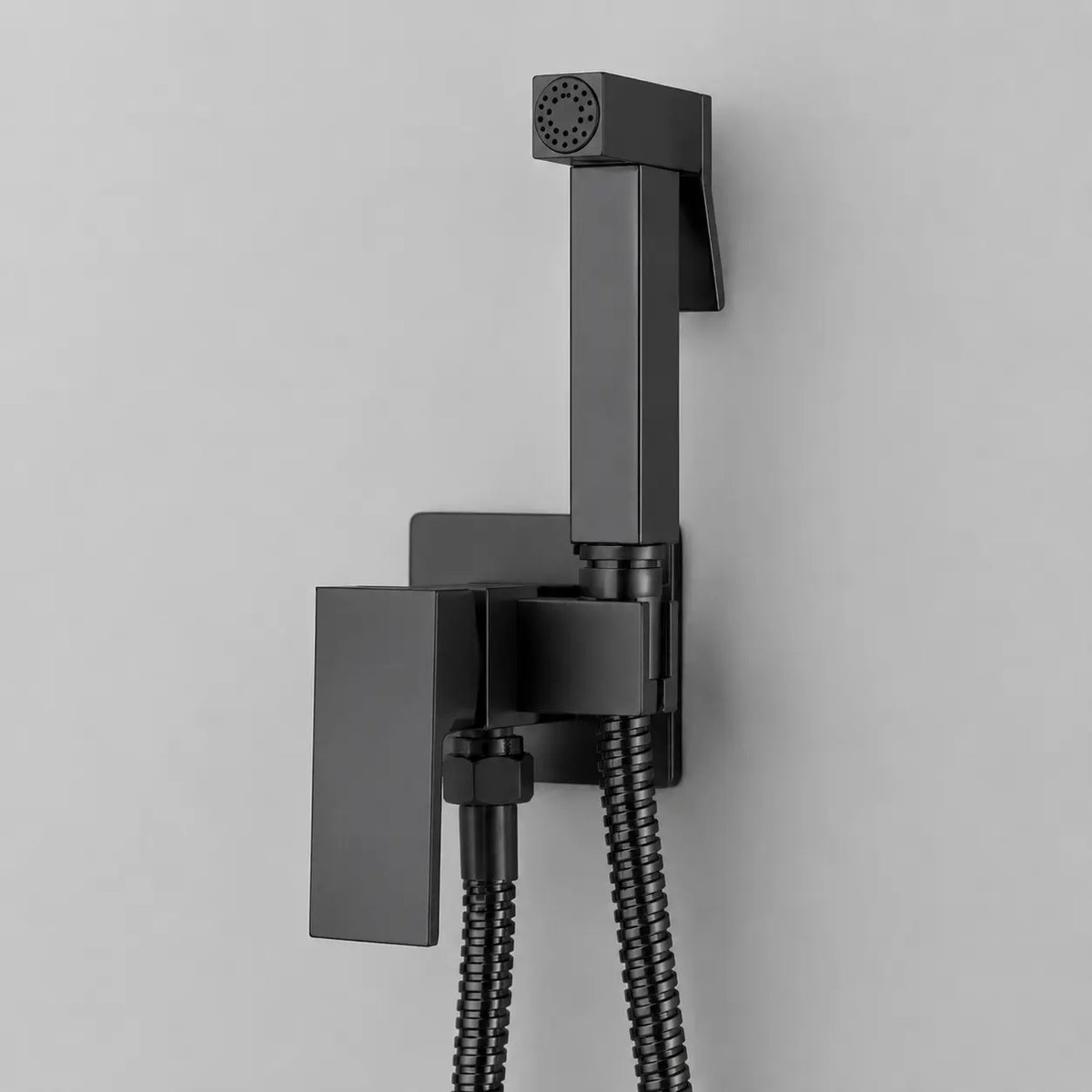 Douchette hygiénique WC noir mat avec support mural et flexible métallique, design moderne pour une hygiène optimale.