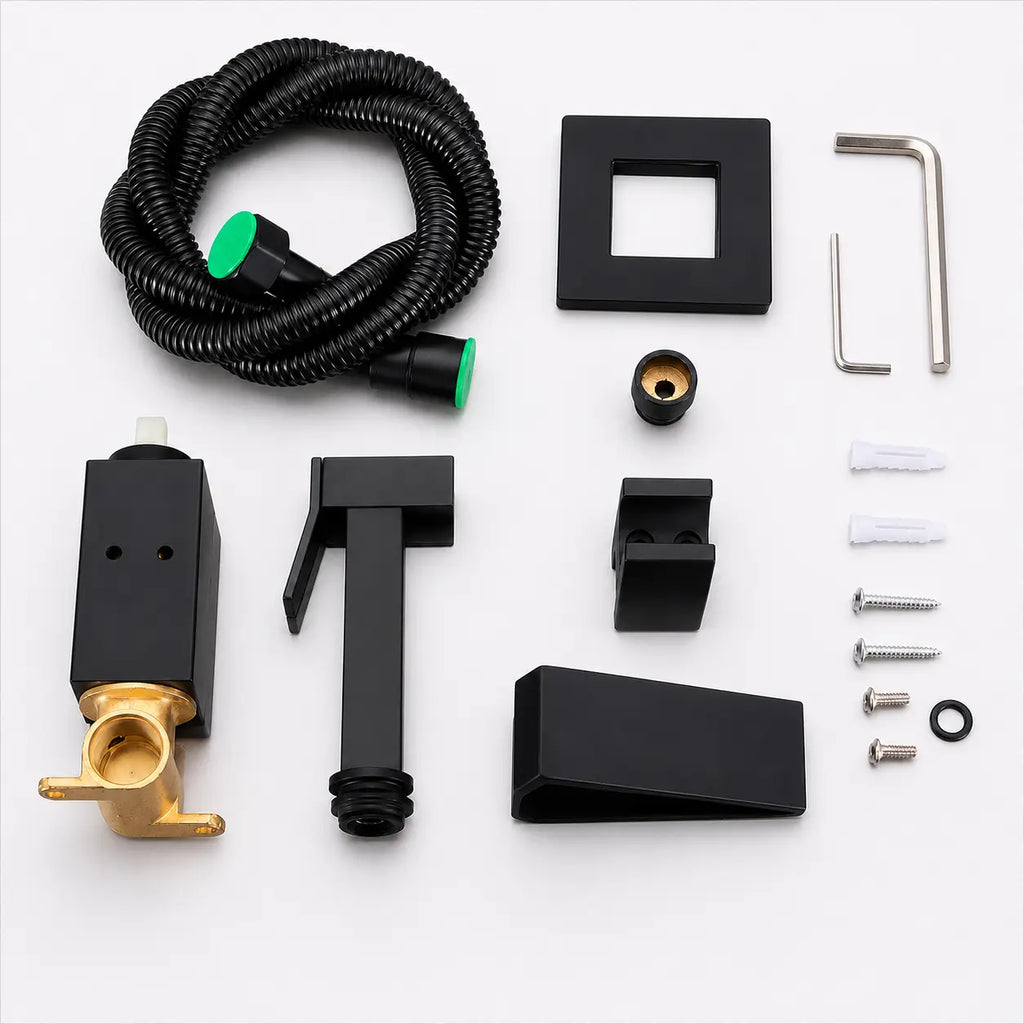 Kit douchette WC noir mat avec flexible, support mural, raccords et accessoires de fixation pour installation complète.