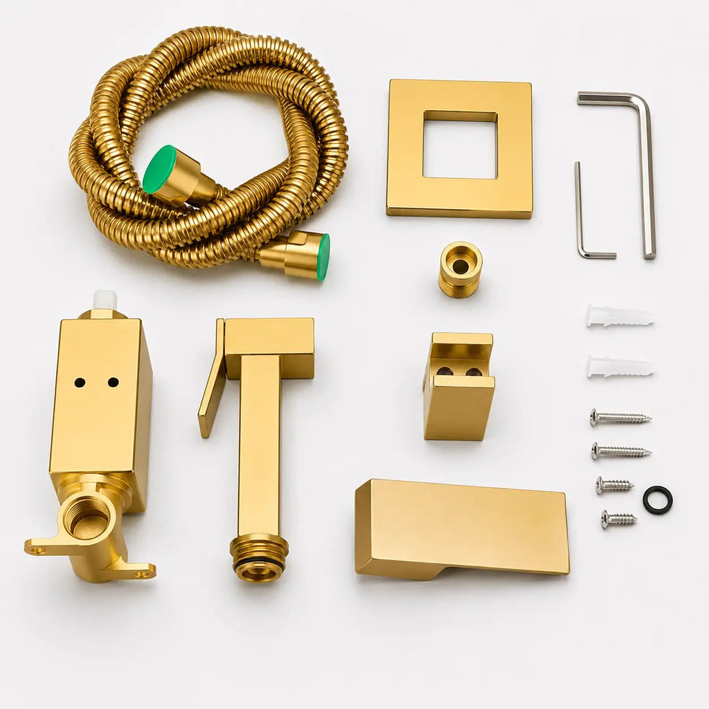 Kit douchette WC hygiénique dorée avec flexible métallique, support mural, visserie et accessoires de fixation