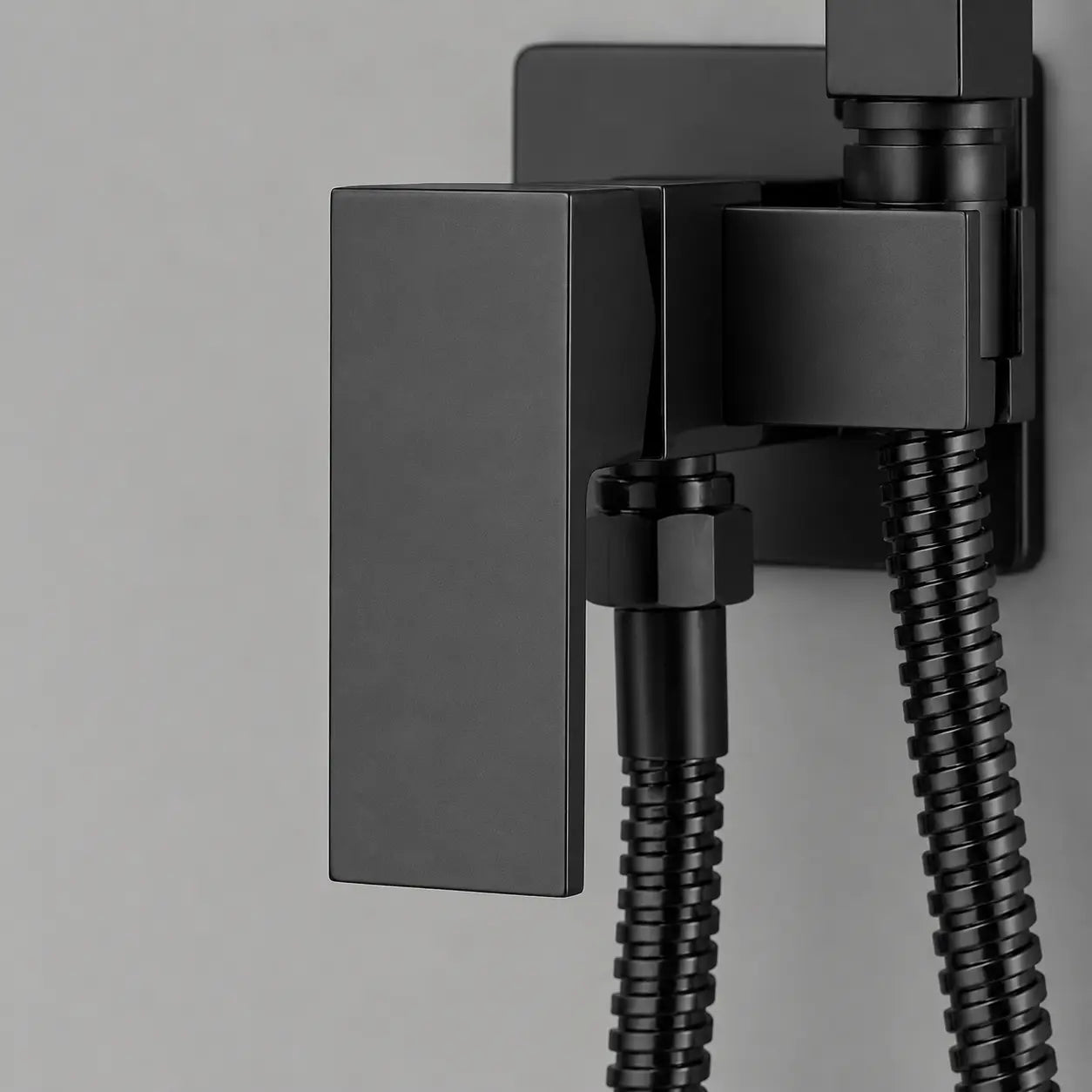 Détail du mitigeur noir mat intégré à une douchette WC hygiénique avec flexible métallique et finition contemporaine. Image
