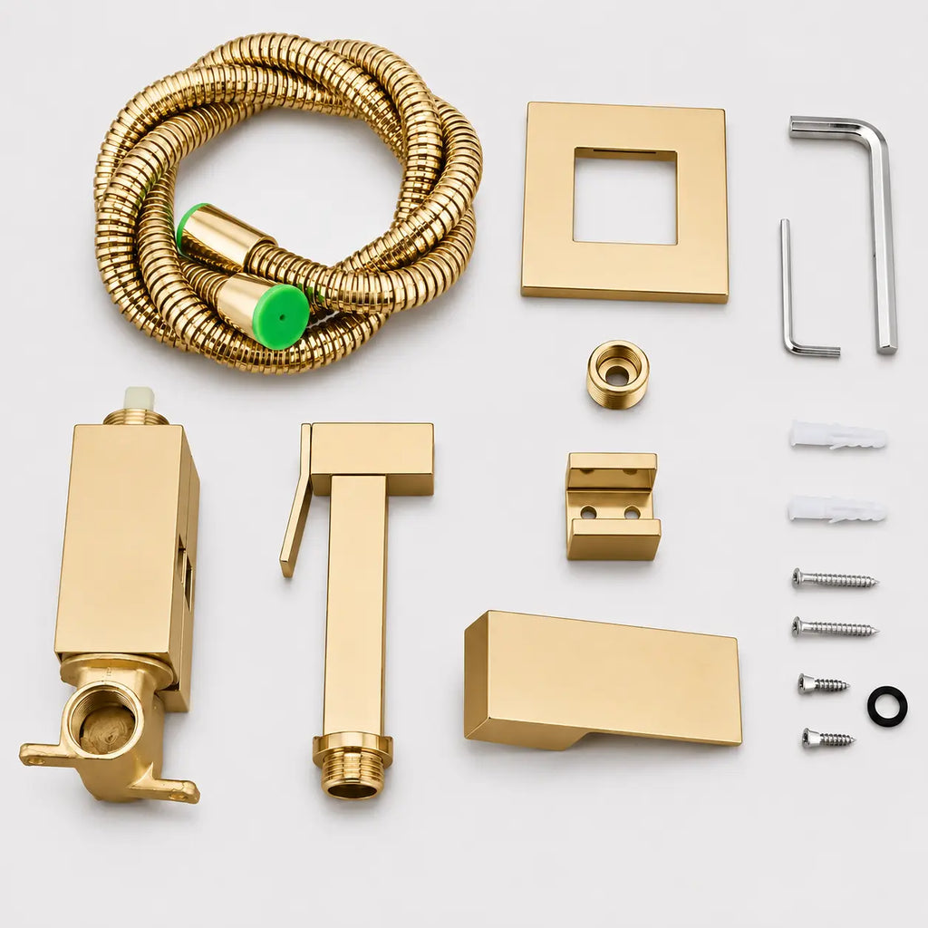 Kit douchette WC or brossé avec flexible métallique, support mural, raccords, visserie et accessoires de montage.