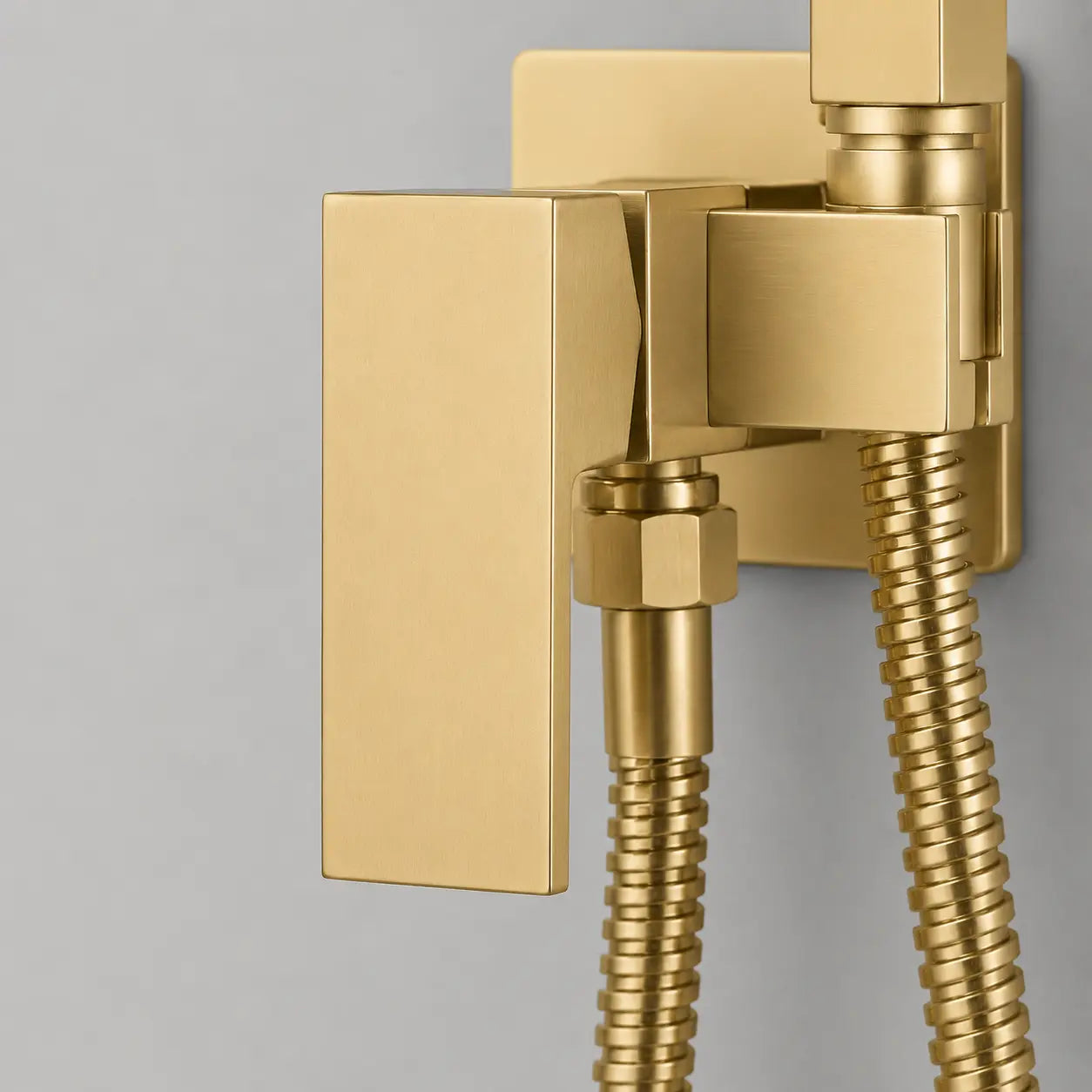 Détail du support mural en or brossé pour douchette WC, avec raccord intégré et flexible métallique assorti. Image