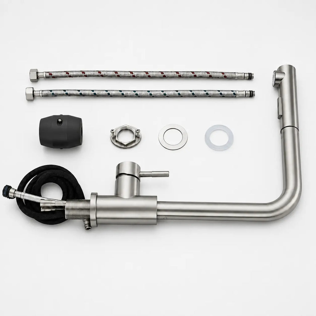 Kit de mitigeur de cuisine en acier inoxydable brossé avec douchette extractible, flexibles de raccordement et accessoires