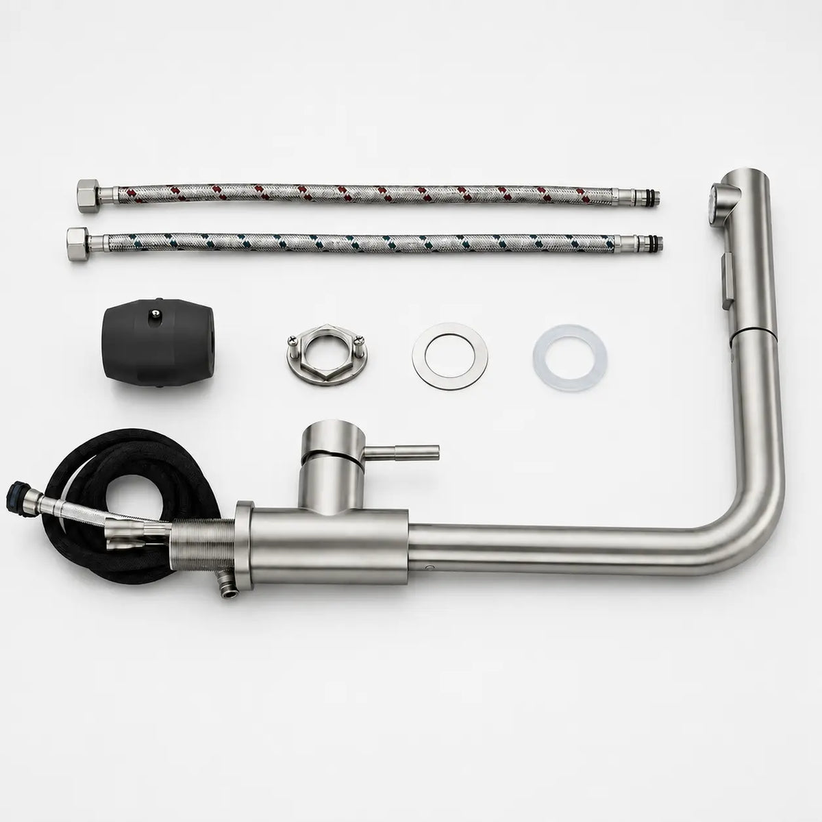Kit de mitigeur de cuisine en acier inoxydable brossé avec douchette extractible, flexibles de raccordement et accessoires