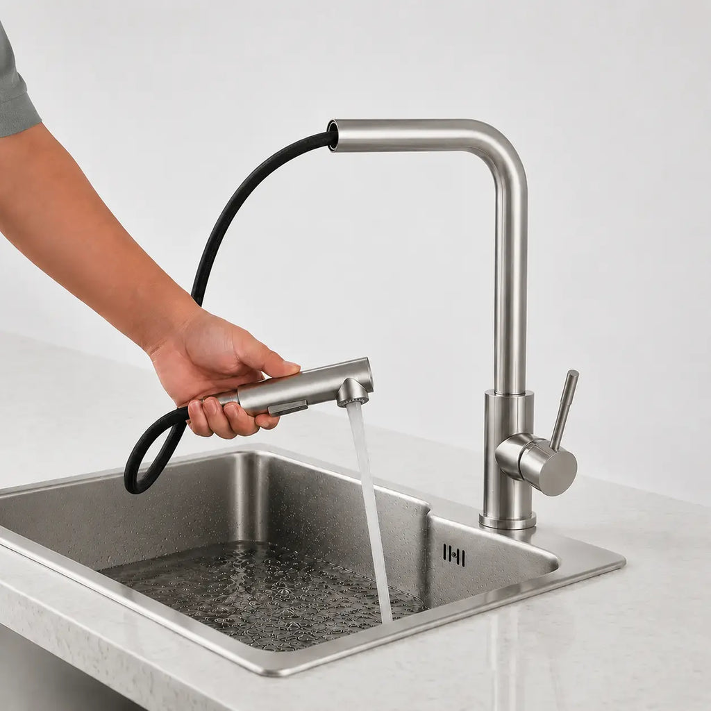 Mitigeur de cuisine en acier inoxydable brossé avec douchette extractible flexible et jet d’eau pour nettoyage précis