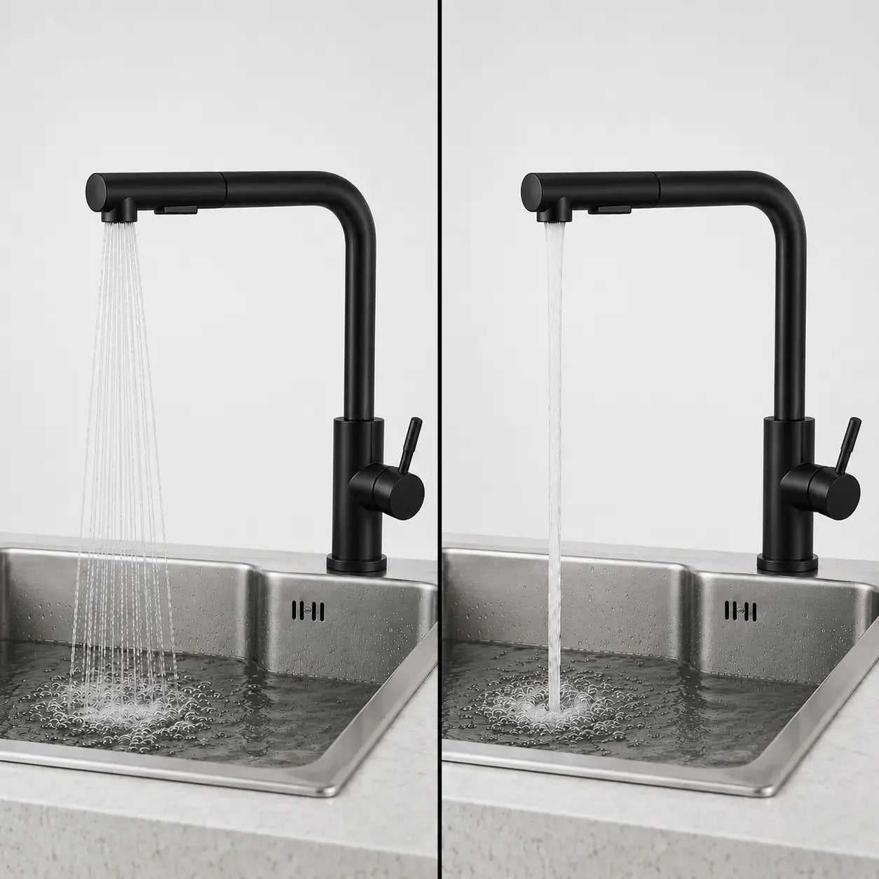  Robinet de cuisine noir mat avec douchette extractible, double jet pulvérisé et écoulement continu Image