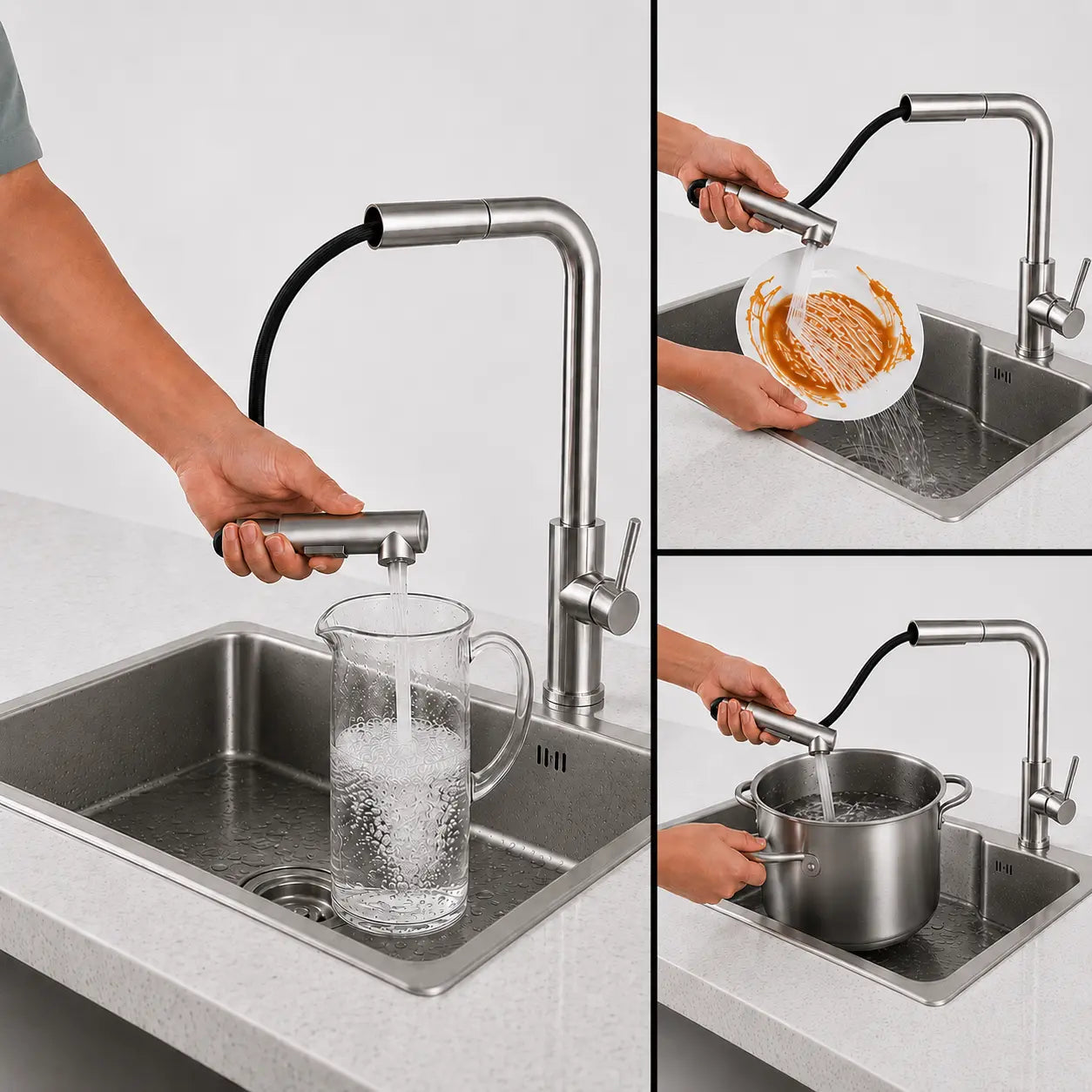 Robinet de cuisine en acier inoxydable avec douchette extractible flexible, idéal pour remplir, rincer et nettoyer Image