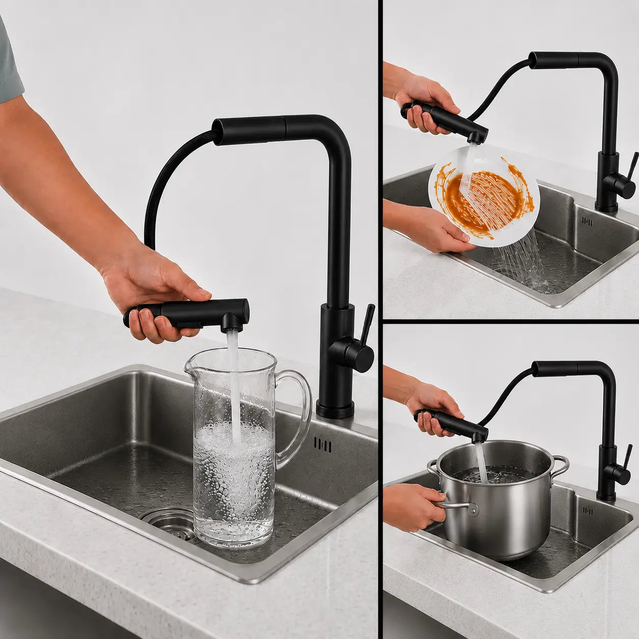  Robinet de cuisine noir mat avec douchette extractible flexible, idéal pour remplir, rincer et nettoyer facilement Image