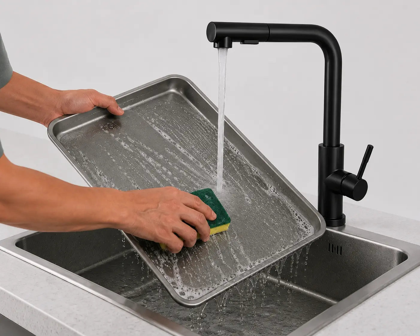 Robinet de cuisine noir mat avec jet continu puissant, idéal pour nettoyer plaques de cuisson et grands ustensiles Image