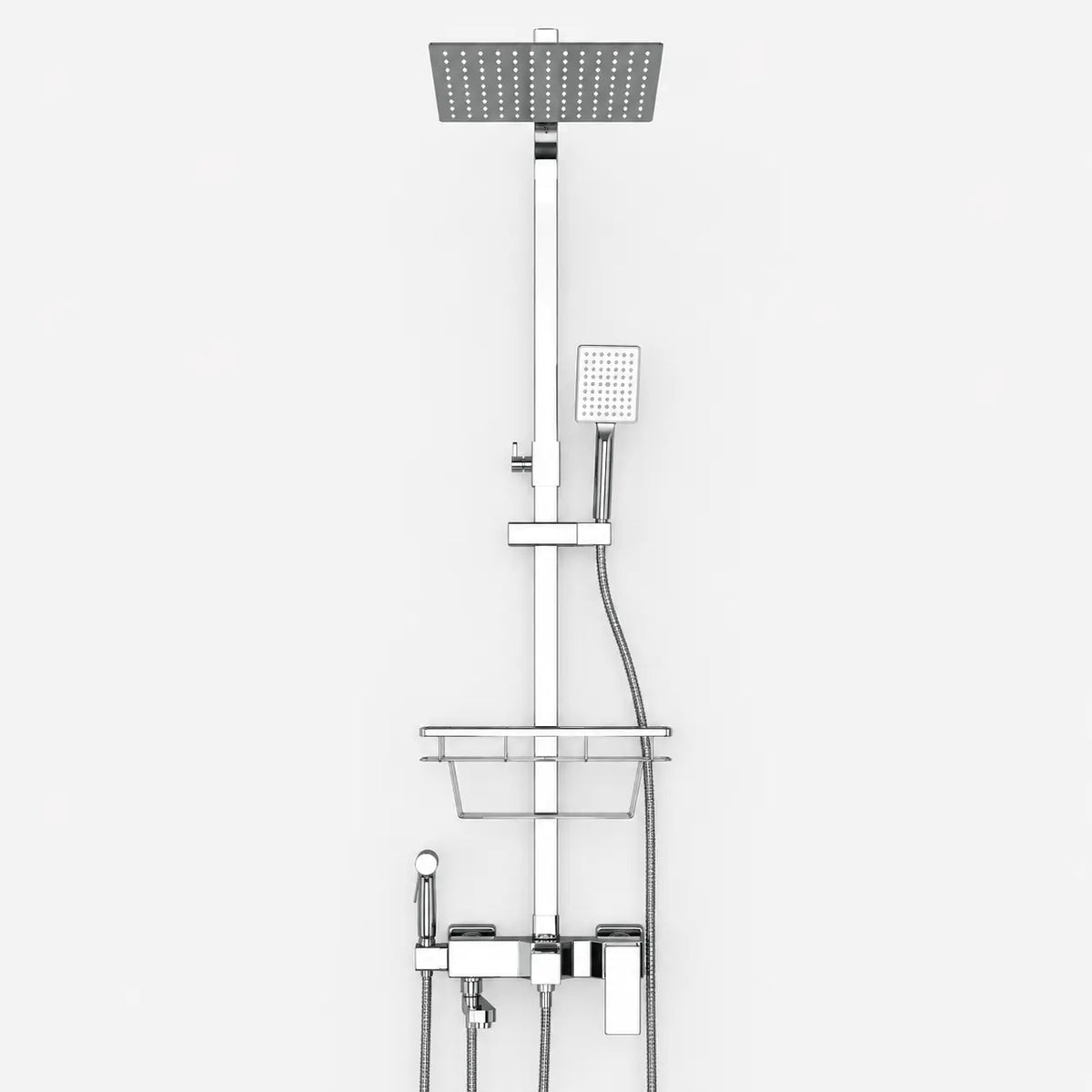Colonne de douche chromée 4 fonctions avec pommeau pluie carré, douchette à main, bec pivotant et panier de rangement intégré.