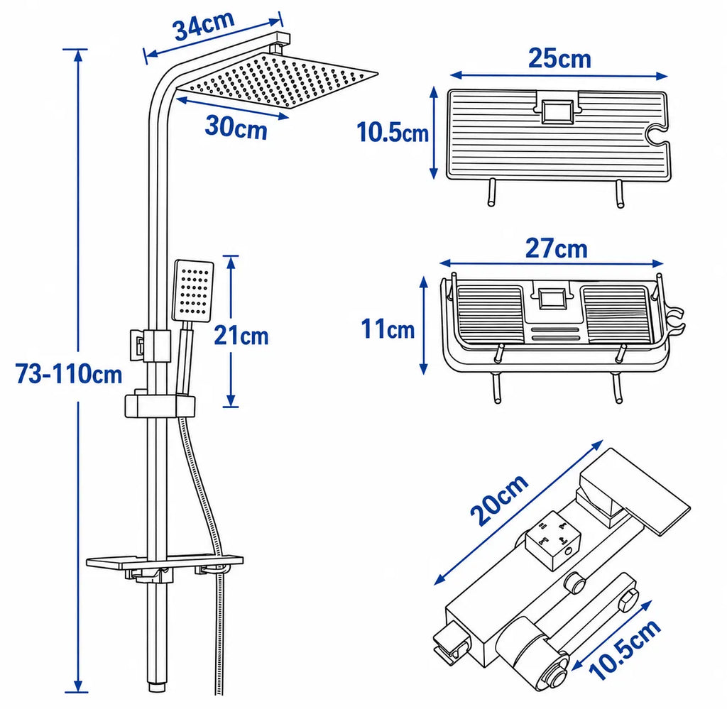 Schéma technique d’une colonne de douche chromée 4 fonctions avec dimensions du pommeau pluie, de la douchette, de la tablette et du mitigeur.