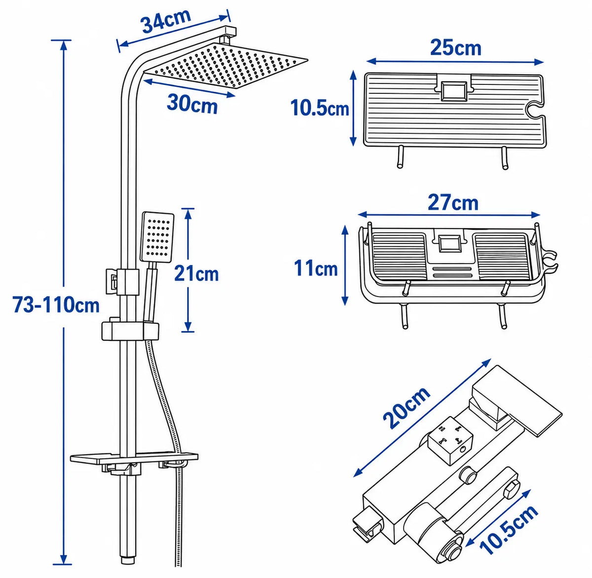 Schéma technique d’une colonne de douche chromée 4 fonctions avec dimensions du pommeau pluie, de la douchette, de la tablette et du mitigeur.