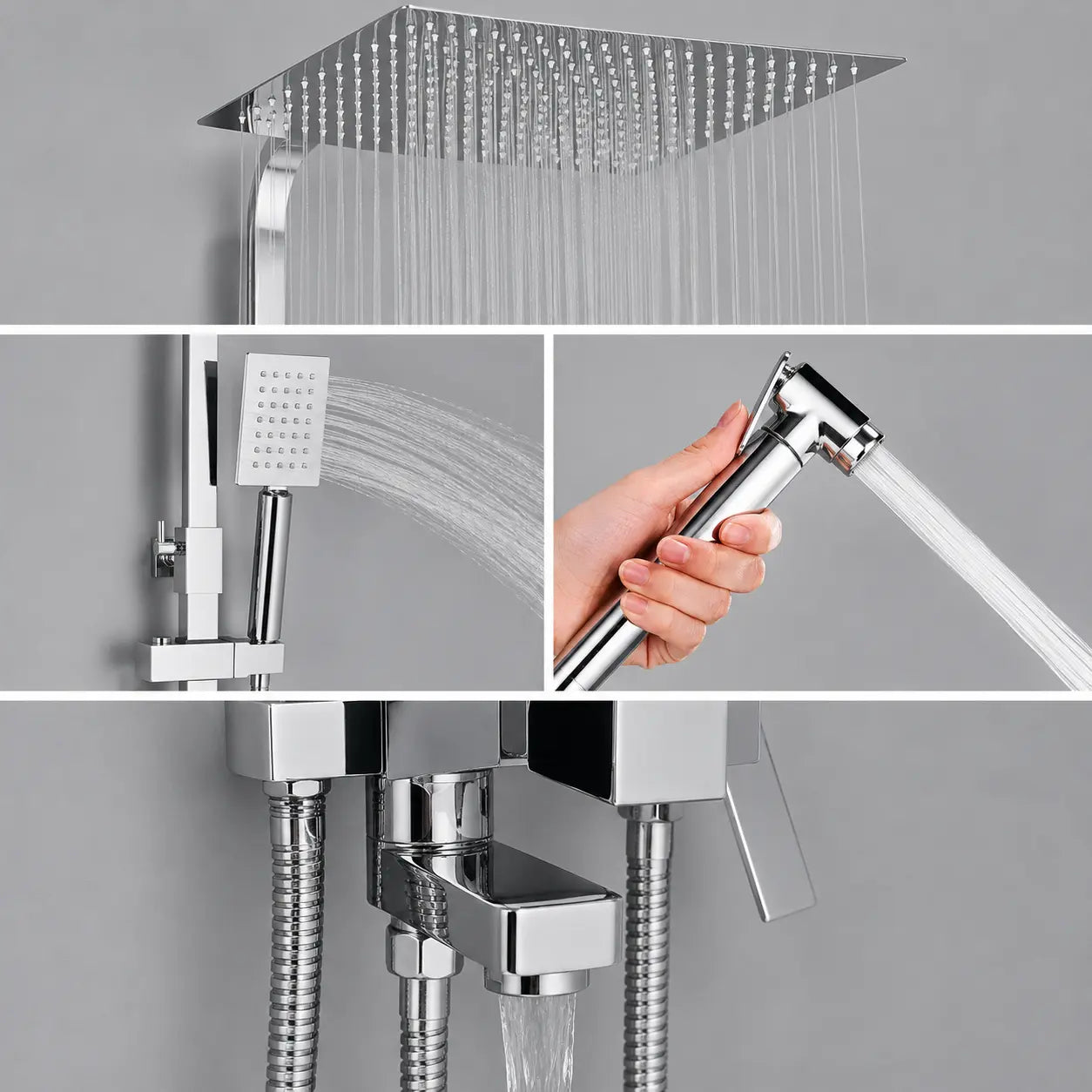 Détails de la colonne de douche chromée avec pommeau pluie carré, douchette à main, douchette hygiénique et bec cascade intégré. Image