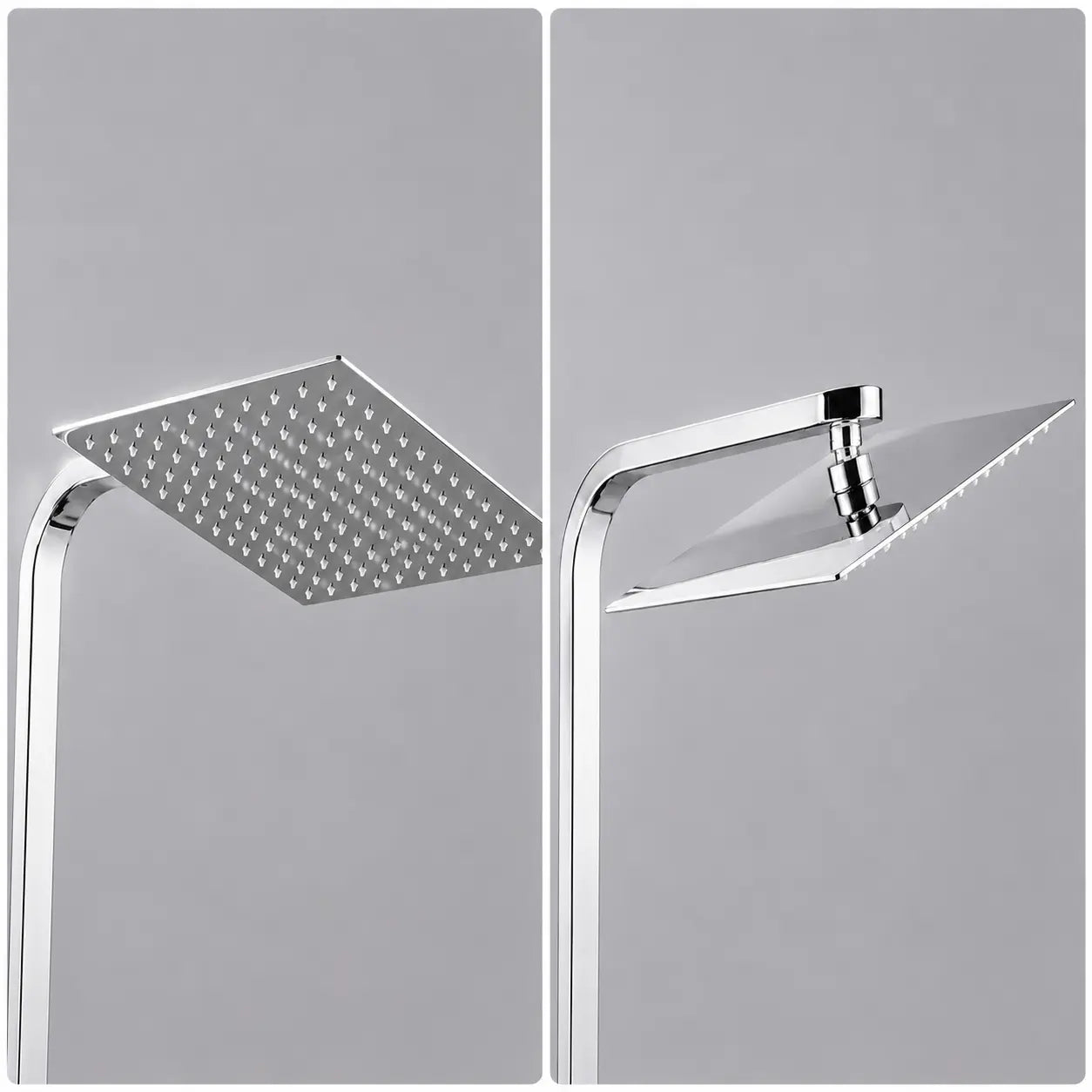 Gros plan sur la tête de douche pluie carrée chromée avec rotule orientable pour un réglage précis du jet d’eau. Image