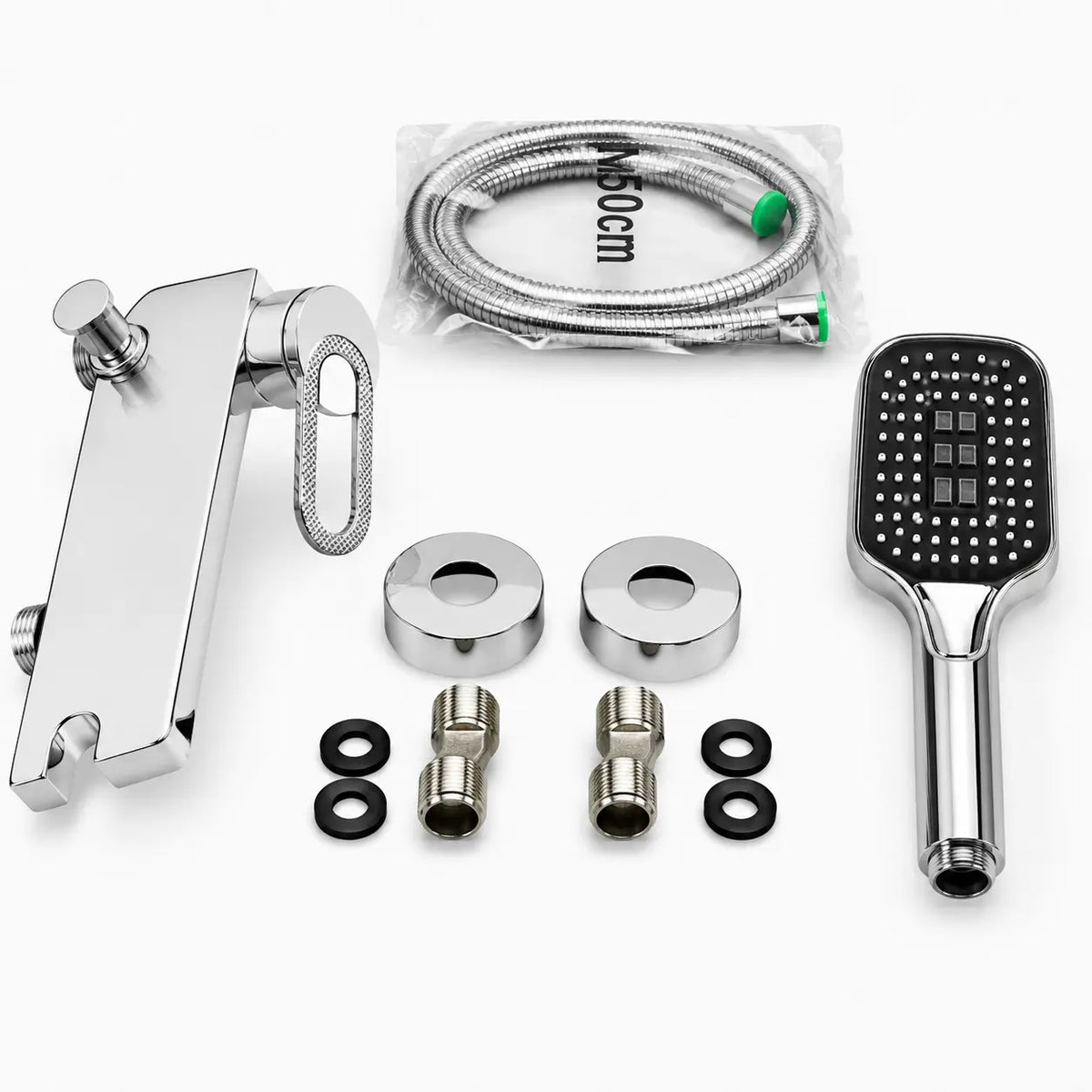 Kit mitigeur bain douche mural chromé avec douchette à main, flexible 150 cm et accessoires de fixation inclus