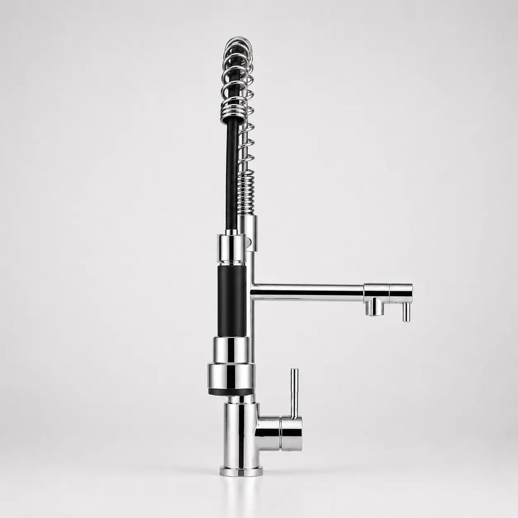 Robinet de cuisine chromé vertical avec douchette extractible, flexible à ressort et bec latéral au design contemporain