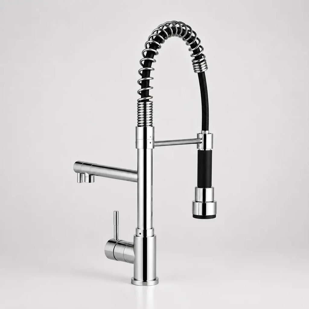 Robinet de cuisine chromé avec douchette extractible, flexible à ressort haute pression et bec pivotant moderne