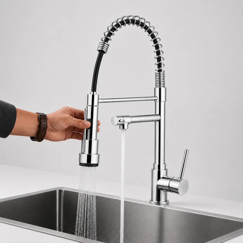 Robinet de cuisine chromé avec douchette extractible en usage, jet pulvérisateur et bec secondaire au-dessus d’un évier inox