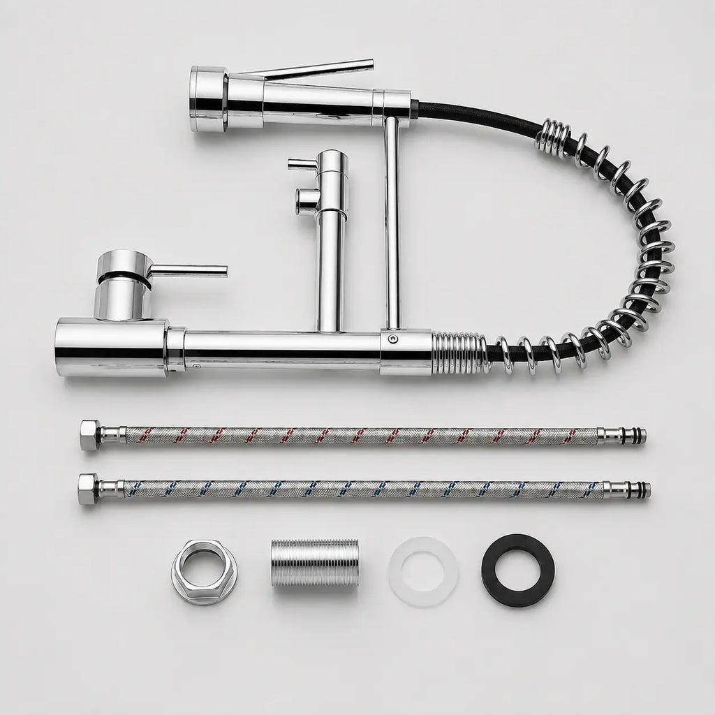 Kit robinet de cuisine chromé avec douchette extractible, flexible à ressort et accessoires de montage complets