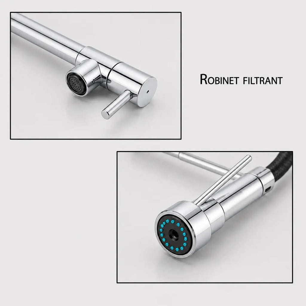 Détails du robinet de cuisine filtrant chromé avec bec filtrant et douchette extractible à double fonction