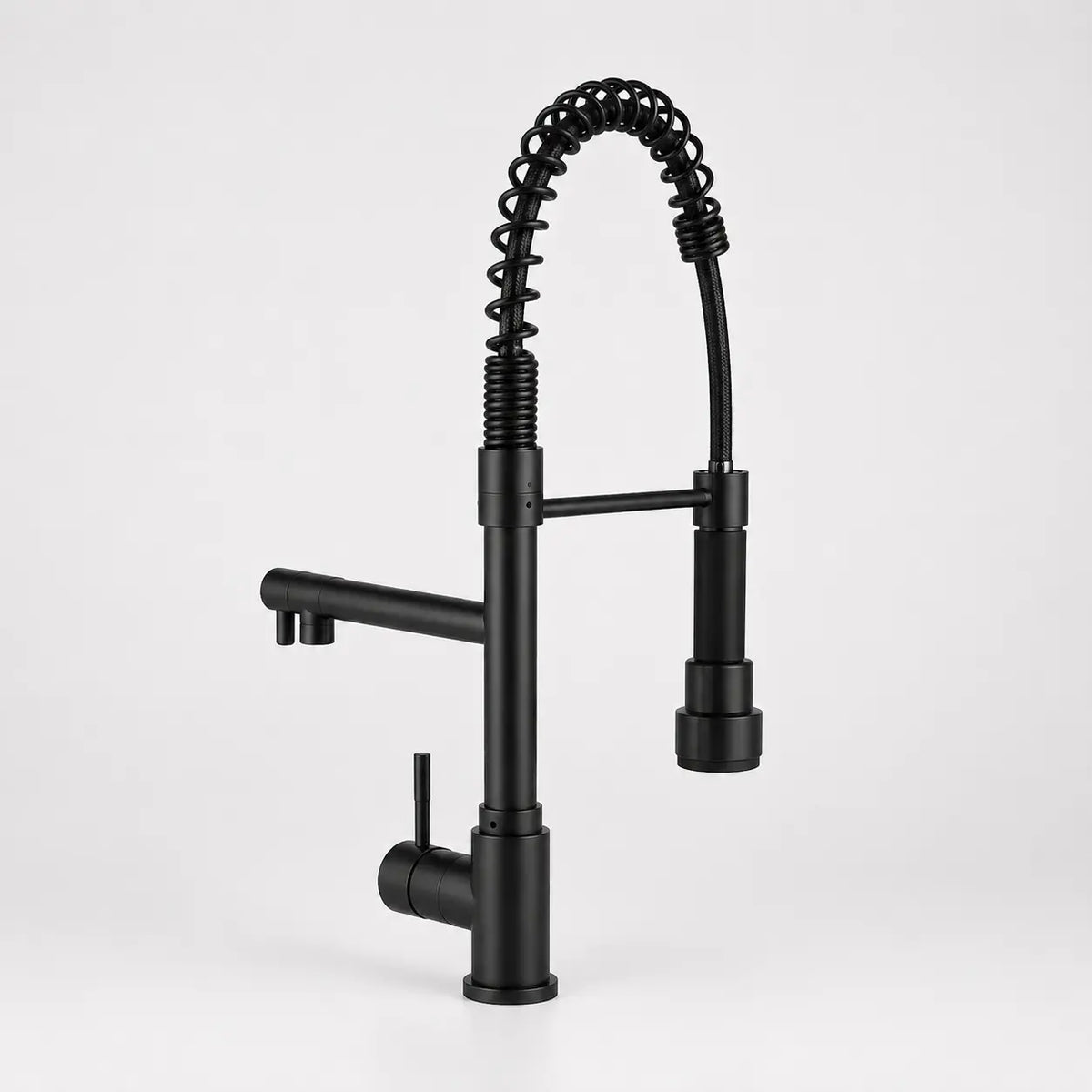 Robinet de cuisine noir mat avec douchette extractible, ressort flexible et bec pivotant au design industriel moderne
