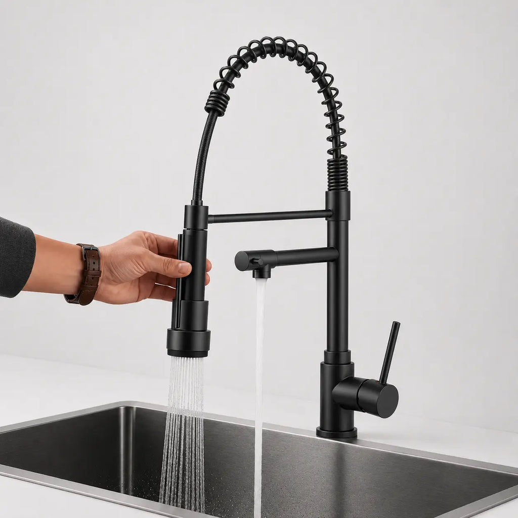  Robinet de cuisine noir mat avec douchette extractible en fonctionnement, jet puissant et design industriel moderne