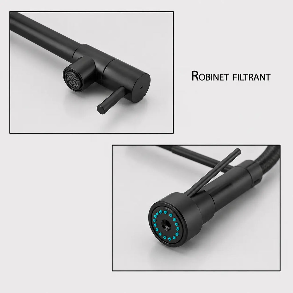 Détails du robinet de cuisine noir mat avec sortie filtrante et douchette extractible à double fonction