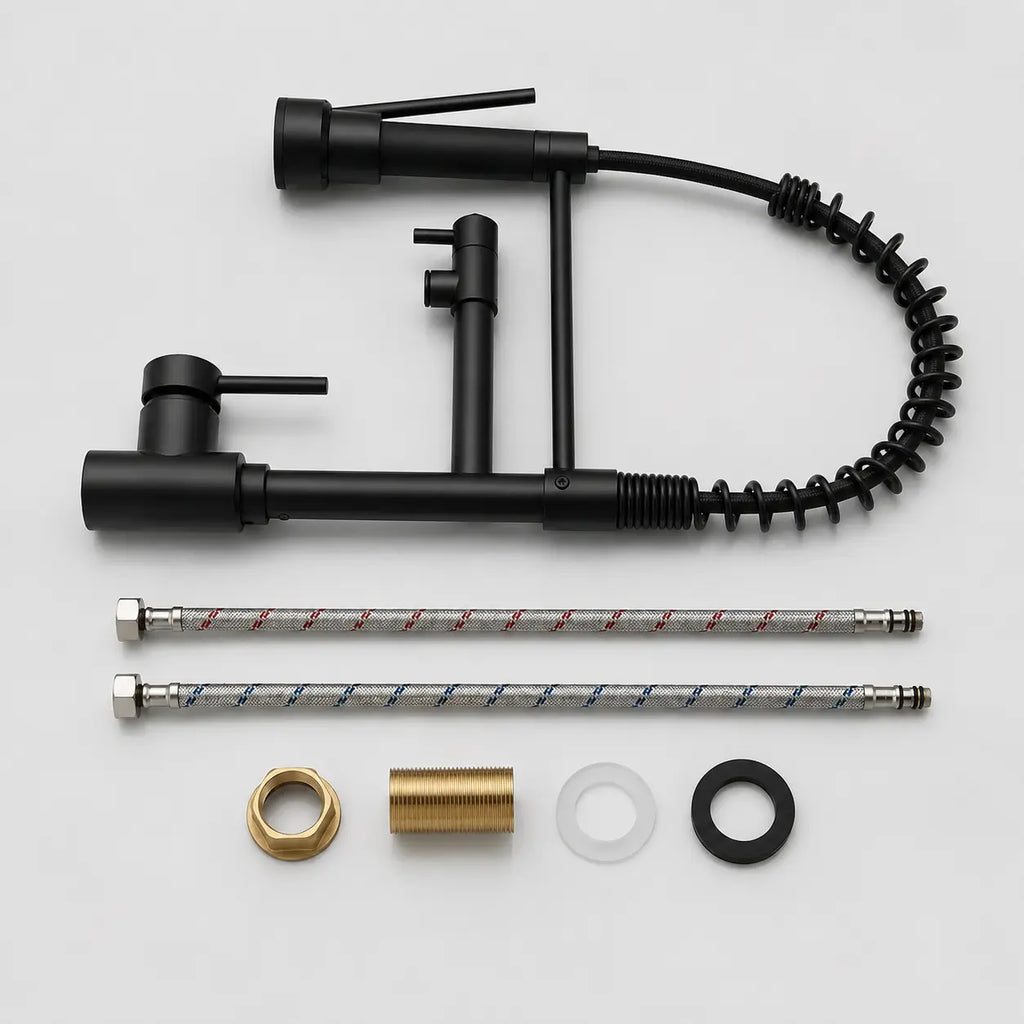 Kit robinet de cuisine noir mat avec douchette extractible, flexibles de raccordement et accessoires de montage