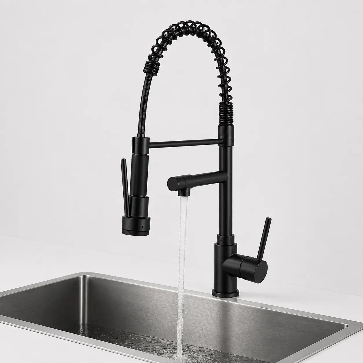 Robinet de cuisine noir mat à ressort avec douchette extractible, mitigeur moderne pour évier inox Image