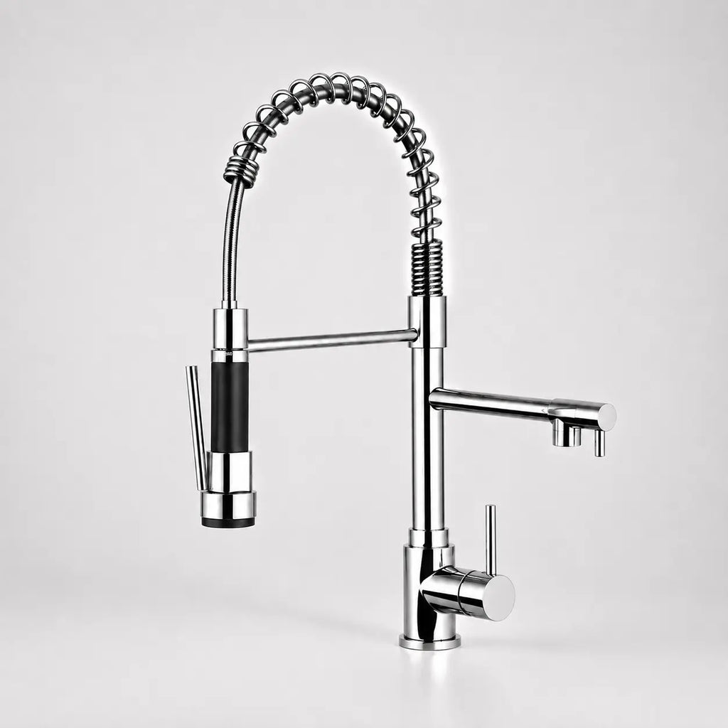  Robinet de cuisine chromé avec douchette extractible, design à ressort, mitigeur monocommande et double sortie d’eau
