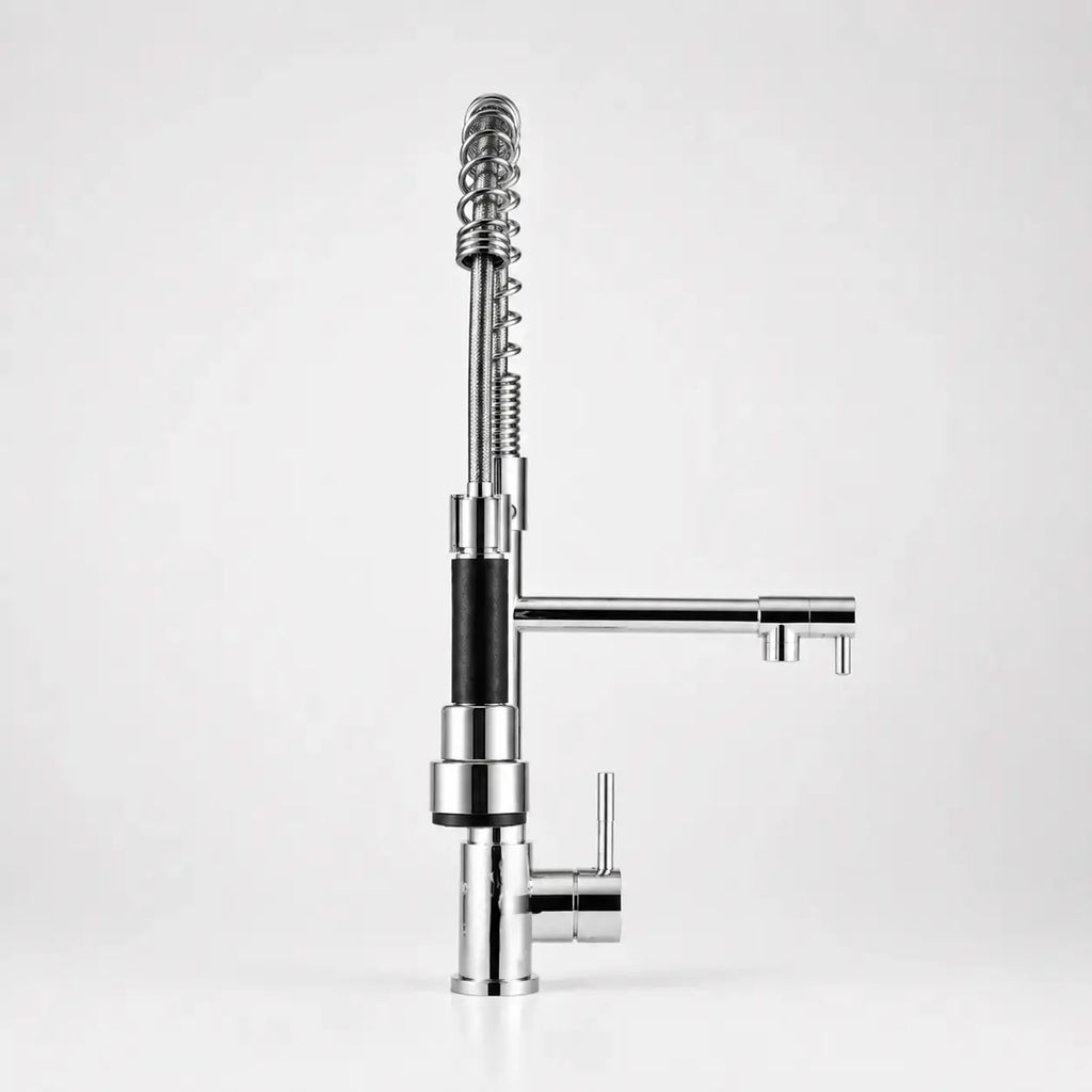  Robinet de cuisine chromé avec douchette extractible verticale, ressort spiralé, mitigeur monocommande et bec latéral
