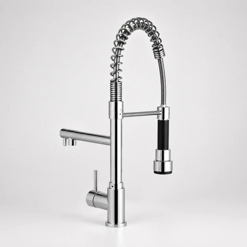 Robinet de cuisine chromé avec douchette extractible, ressort spiralé flexible, mitigeur monocommande et bec pivotant
