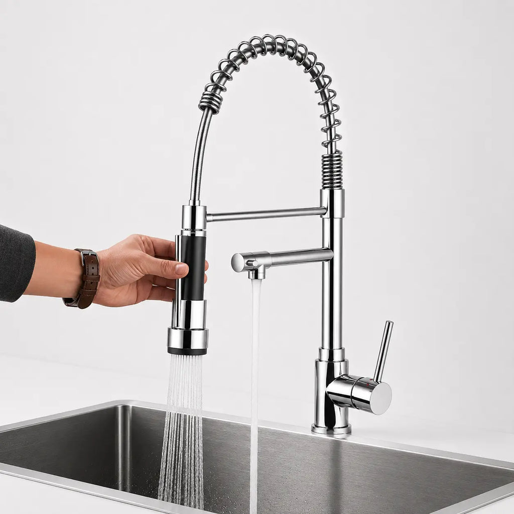Robinet de cuisine chromé avec douchette extractible en usage, jet pulvérisé, ressort spiralé et mitigeur monocommande
