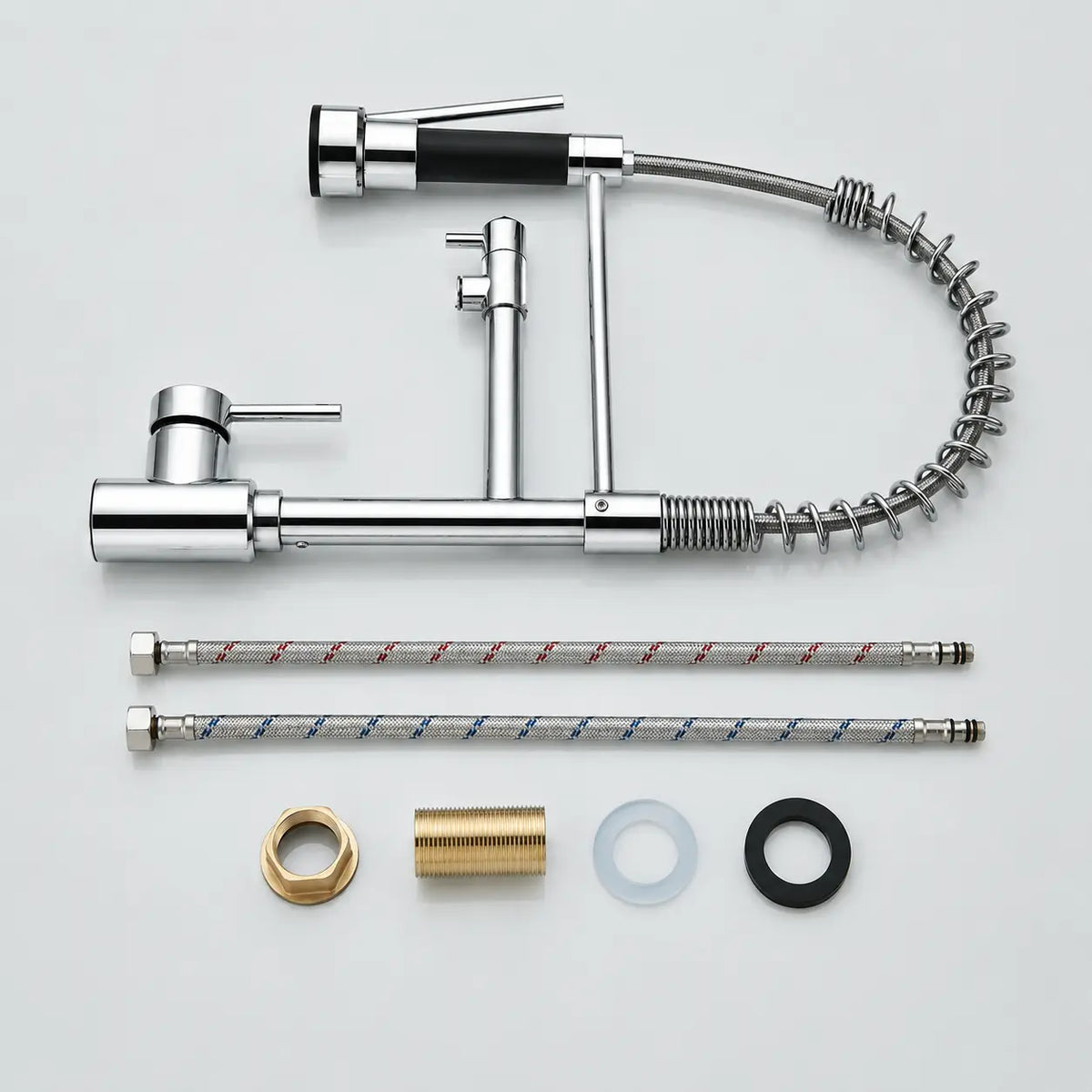 Kit robinet de cuisine chromé avec douchette extractible, flexibles de raccordement et accessoires de montage inclus