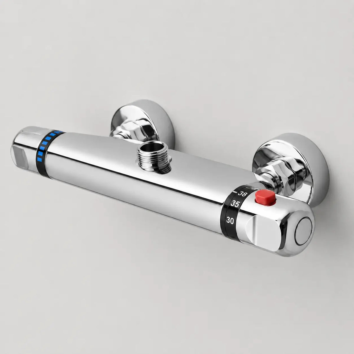 Mitigeur thermostatique de douche chromé avec réglage précis de la température, sécurité anti-brûlure et design moderne.