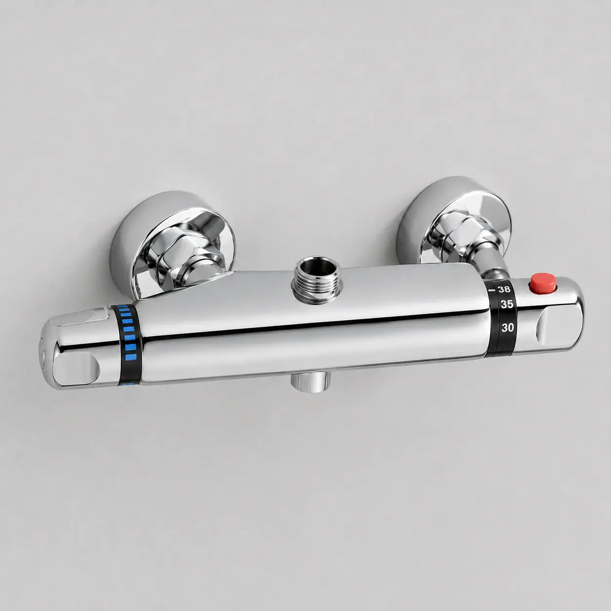 Robinet thermostatique mural chromé pour douche avec graduation de température, bouton de sécurité et finition brillante.