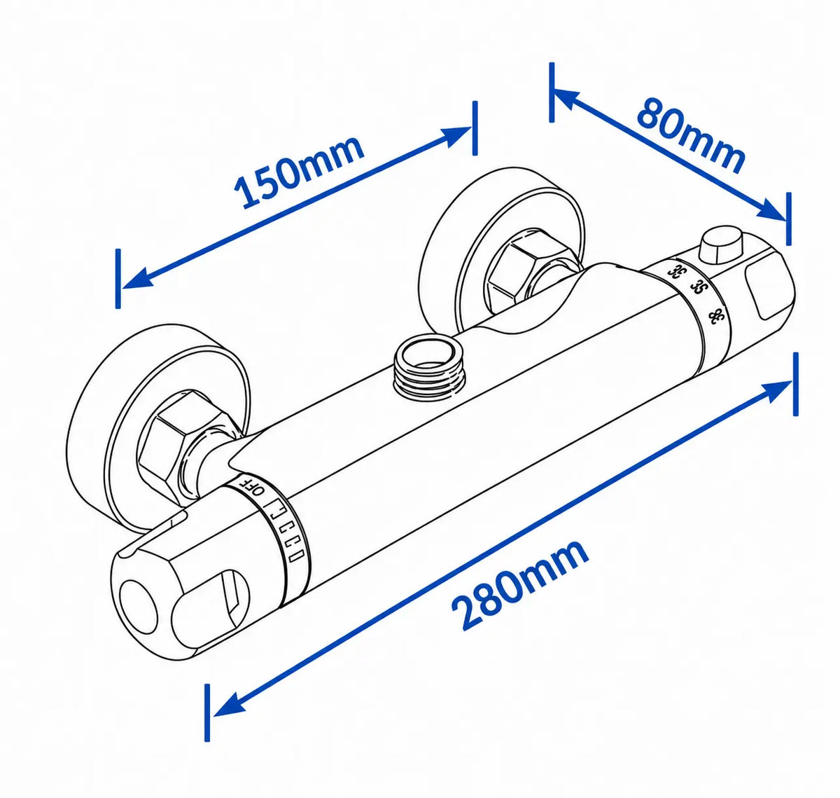 Schéma technique d’un mitigeur thermostatique de douche indiquant une largeur de 280 mm et un entraxe de 150 mm.