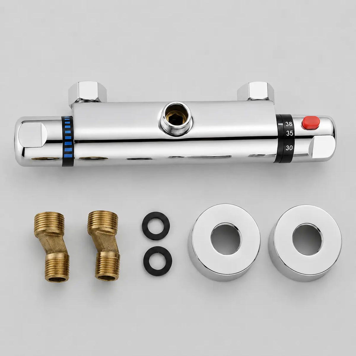 Mitigeur thermostatique de douche chromé livré avec raccords, rosaces et joints pour une installation murale fiable.