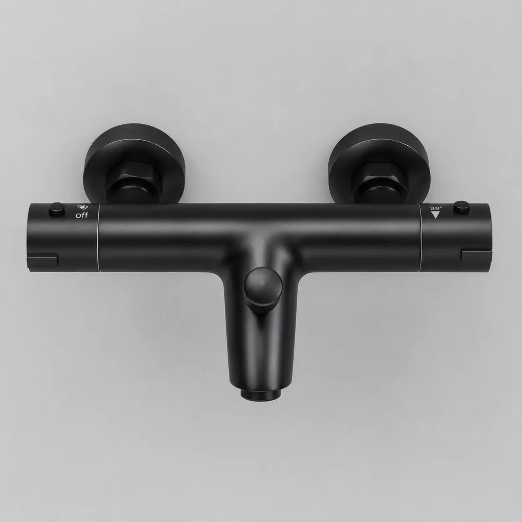 Robinet mitigeur thermostatique noir mat avec sortie centrale et réglage précis pour salle de bain moderne