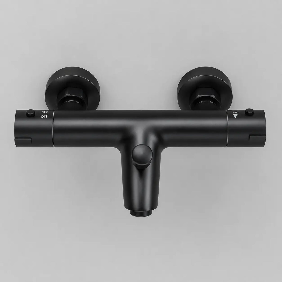 Robinet mitigeur thermostatique noir mat avec sortie centrale et réglage précis pour salle de bain moderne