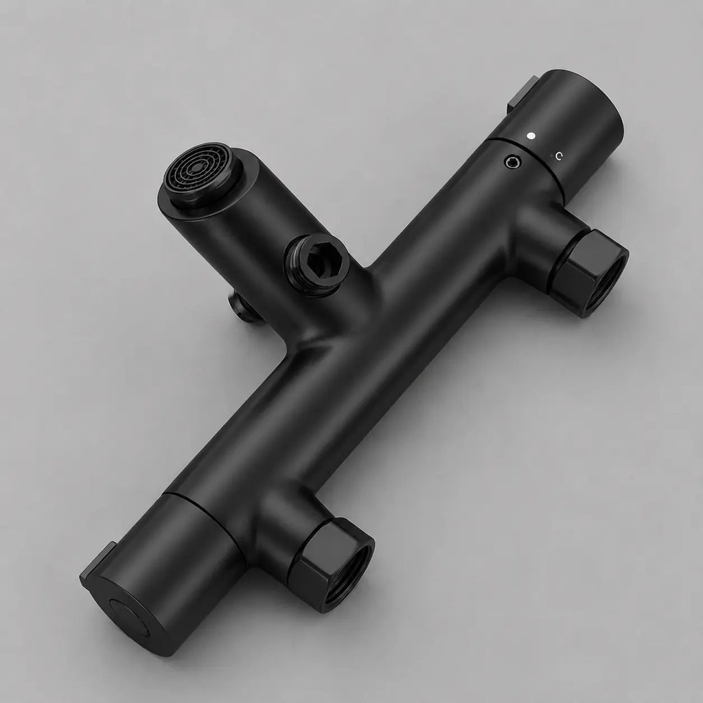 Mitigeur thermostatique noir mat avec raccords muraux et contrôle de température pour douche moderne